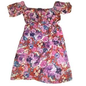 Kittenish Floral Off-Shoulder Puff Sleeve Mini Dress - Size Large